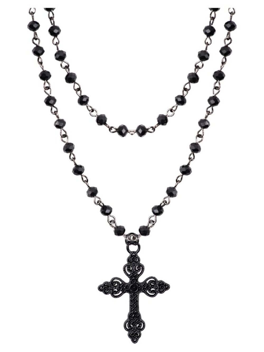 Layered Black Beaded Cross Choker Gothic Punk Grunge Necklace